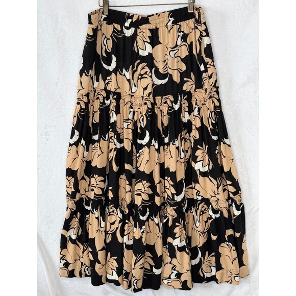 Soft Surroundings Halona Maxi Skirt Large Black/Beige Floral Tiered Boho Chic - Picture 2 of 16